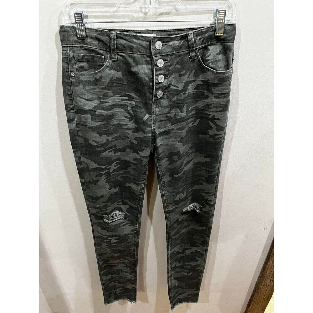 SO Jeans Womens Size 16 Camo High Rise Skinny Cut Button Fly Denim Grunge Punk
